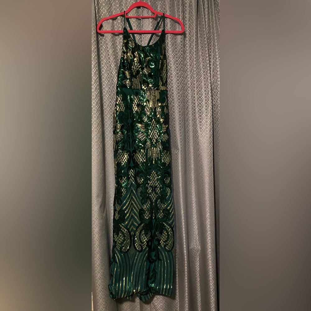 Green sequined low back formal dress